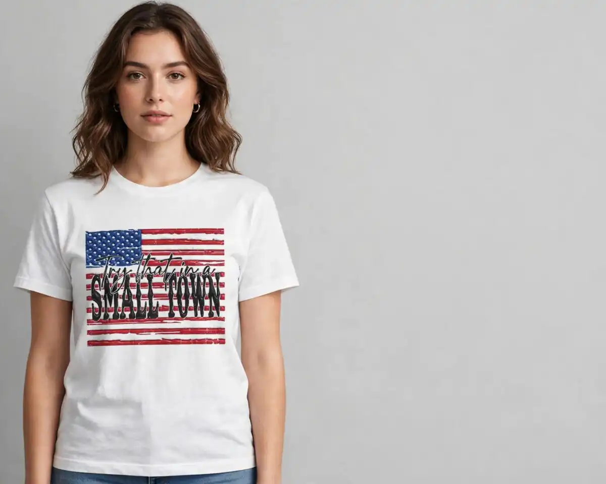 try small town inflated png design printed on a plain product mockup