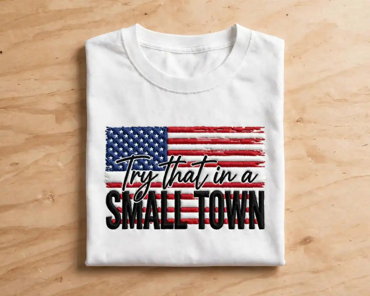 try small town inflated png design printed on a plain product mockup