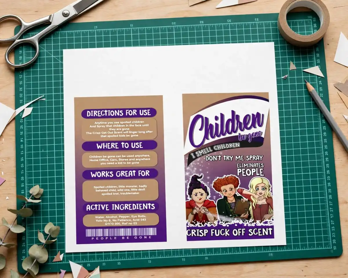 funny children be gone halloween parody spray can label for tumblers halloween parody spray can label png design printed on a plain product mockup