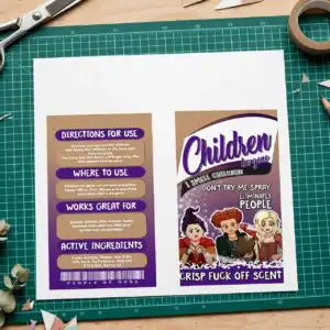 funny children be gone halloween parody spray can label for tumblers halloween parody spray can label png design printed on a plain product mockup
