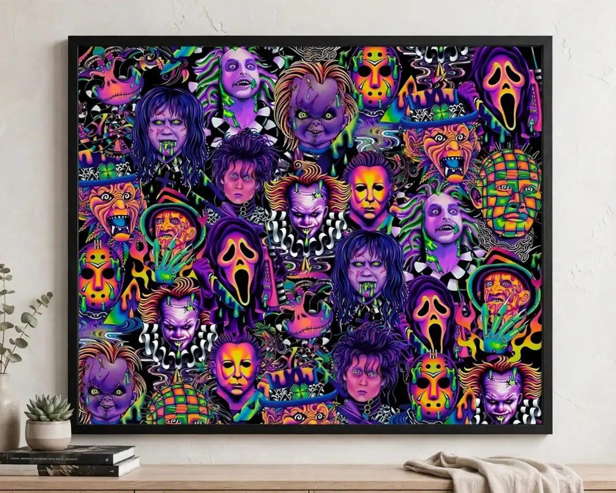 neon horror movies characters collage for tumbler wrap and shirt horror movies characters tumbler shirt png design printed on a plain product mockup