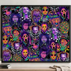 neon horror movies characters collage for tumbler wrap and shirt horror movies characters tumbler shirt png design printed on a plain product mockup