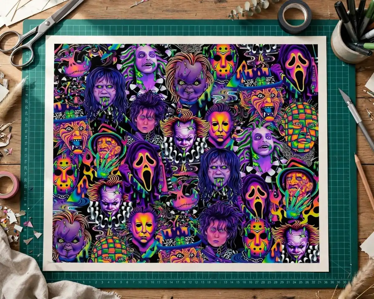 neon horror movies characters collage for tumbler wrap and shirt horror movies characters tumbler shirt png design printed on a plain product mockup