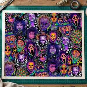 neon horror movies characters collage for tumbler wrap and shirt horror movies characters tumbler shirt png design printed on a plain product mockup