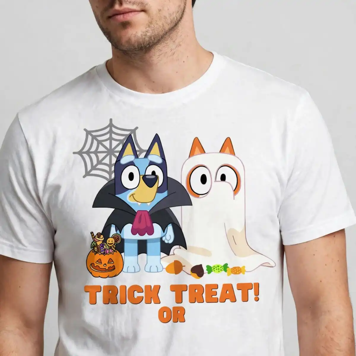 bluey and bingo trick or treat halloween shirt design for kids bluey bingo trick or shirt png design printed on a plain product mockup
