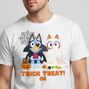 bluey and bingo trick or treat halloween shirt design for kids bluey bingo trick or shirt png design printed on a plain product mockup