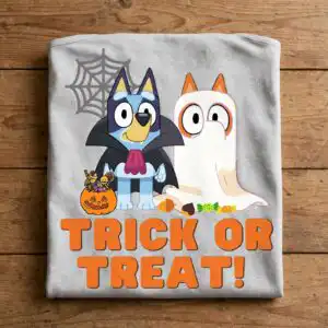 bluey and bingo trick or treat halloween shirt design for kids bluey bingo trick or shirt png design printed on a plain product mockup