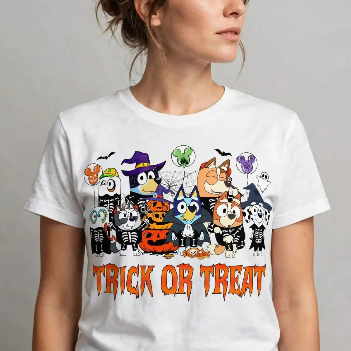 bluey friends trick or png design printed on a plain product mockup