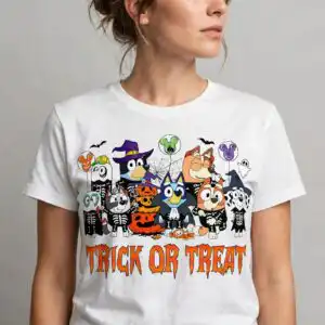 bluey friends trick or png design printed on a plain product mockup