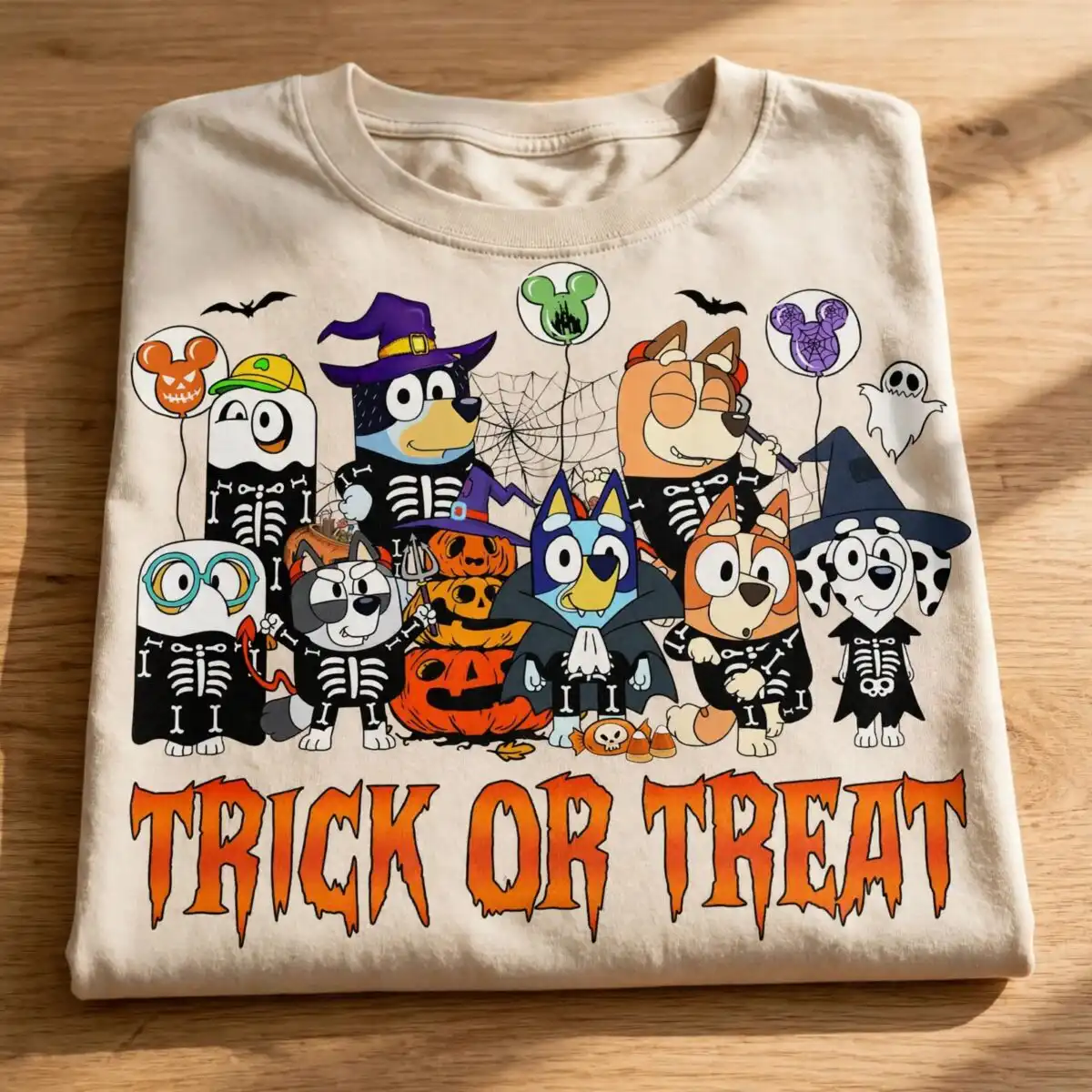 bluey friends trick or png design printed on a plain product mockup