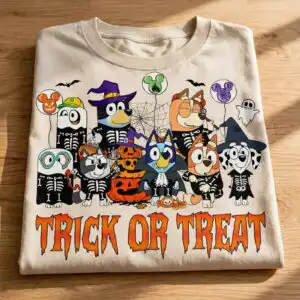 bluey friends trick or png design printed on a plain product mockup