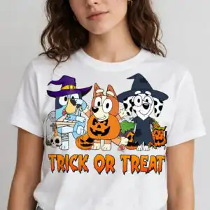 halloween bluey friends trick or treat shirt png for festive crafts halloween bluey png design printed on a plain product mockup