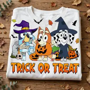 halloween bluey friends trick or treat shirt png for festive crafts halloween bluey png design printed on a plain product mockup