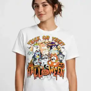 cute halloween dogs trick or treat costume group with pumpkins halloween trick or treat png design printed on a plain product mockup