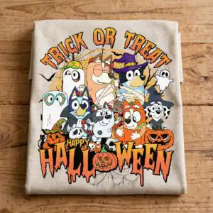 cute halloween dogs trick or treat costume group with pumpkins halloween trick or treat png design printed on a plain product mockup