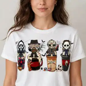 spooky cute horror friends halloween glass can shirt design horror friends png design printed on a plain product mockup