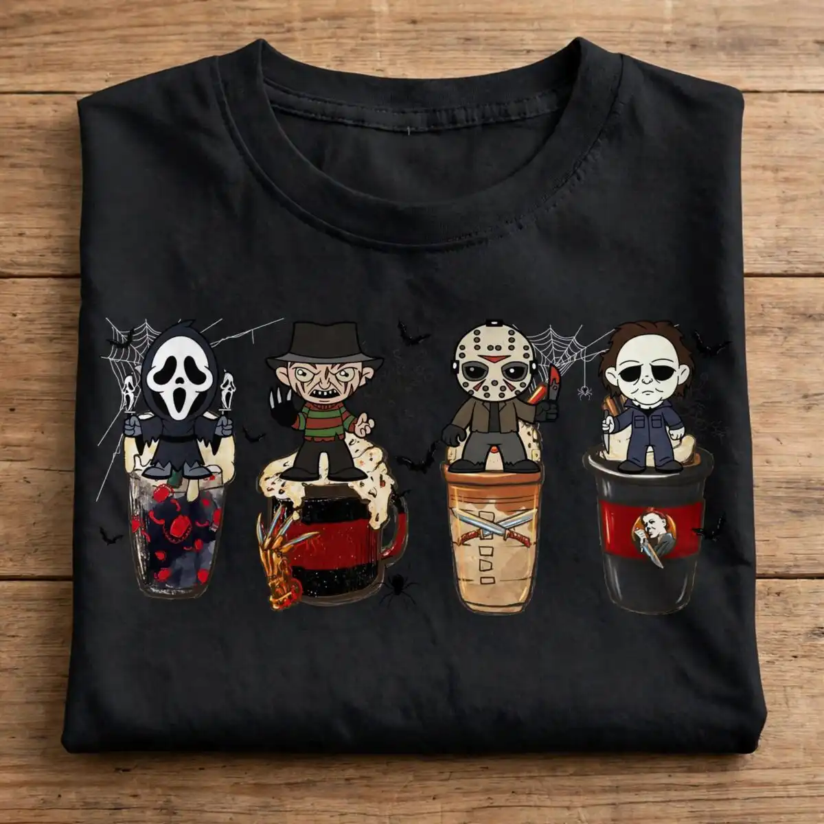 spooky cute horror friends halloween glass can shirt design horror friends png design printed on a plain product mockup