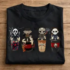 spooky cute horror friends halloween glass can shirt design horror friends png design printed on a plain product mockup