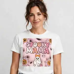 3d inflated spooky mama shirt png with ghost, pumpkins and halloween text 3d inflated spooky mama shirt png design printed on a plain product mockup