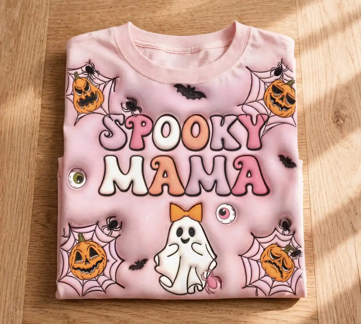 3d inflated spooky mama shirt png with ghost, pumpkins and halloween text 3d inflated spooky mama shirt png design printed on a plain product mockup