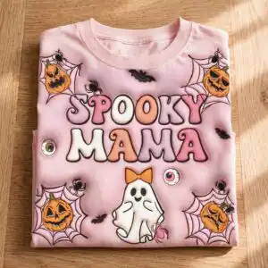 3d inflated spooky mama shirt png with ghost, pumpkins and halloween text 3d inflated spooky mama shirt png design printed on a plain product mockup
