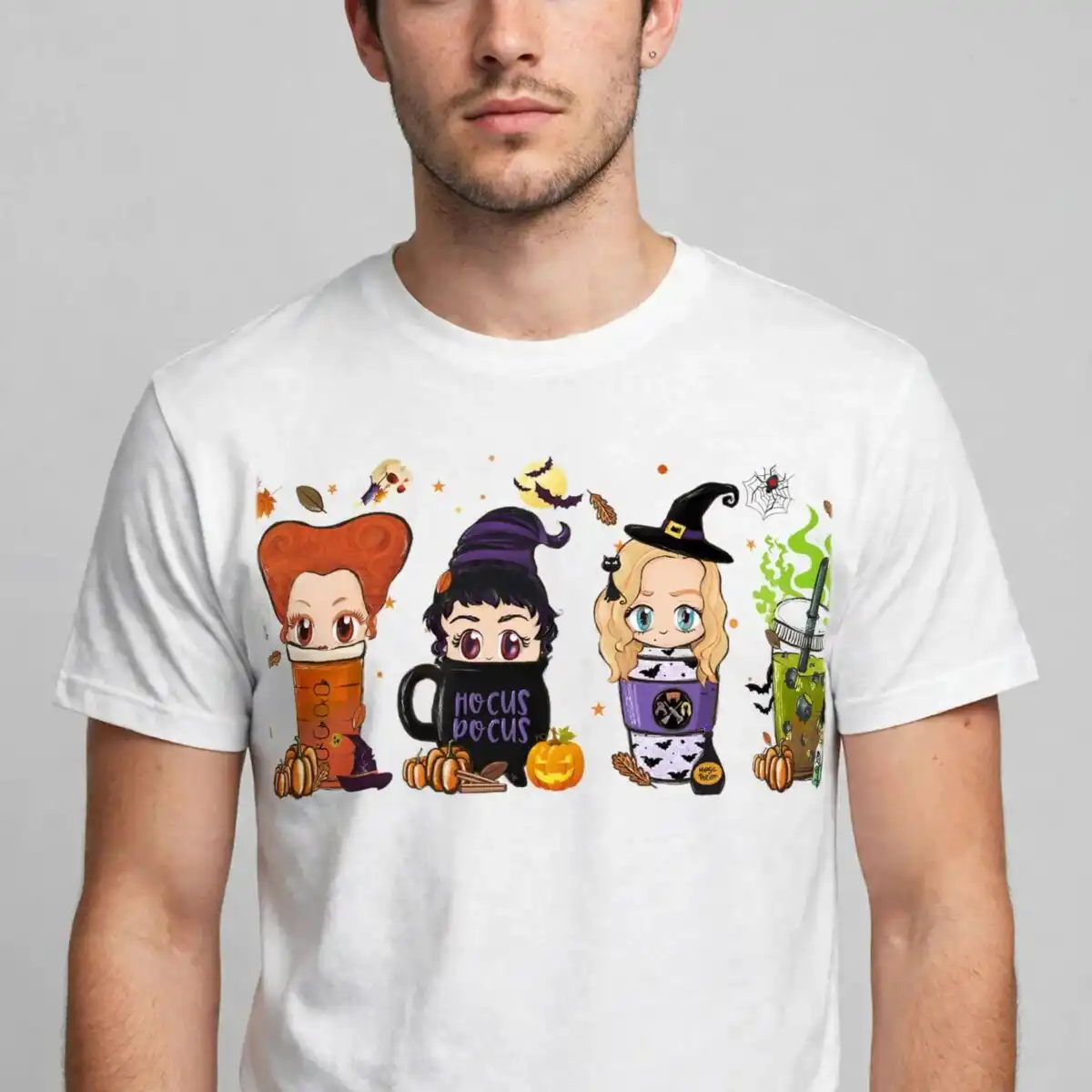 hocus pocus images with three cartoon witch coffee cups for halloween hocus pocus png images design printed on a plain product mockup