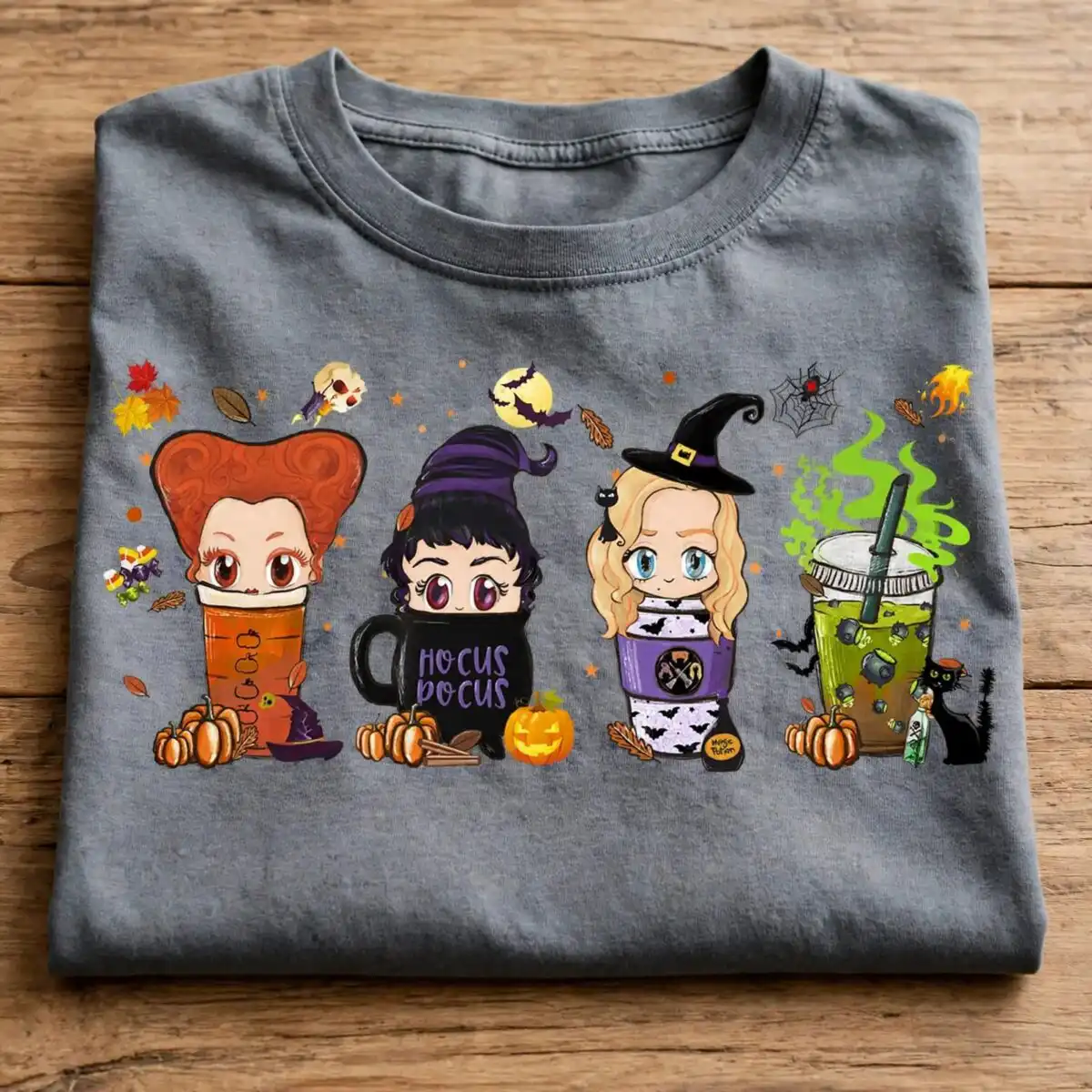 hocus pocus images with three cartoon witch coffee cups for halloween hocus pocus png images design printed on a plain product mockup