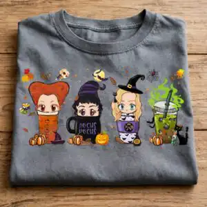 hocus pocus images with three cartoon witch coffee cups for halloween hocus pocus png images design printed on a plain product mockup