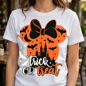 minnie trick or treat bow head silhouette design for halloween shirts minnie trick or treat png design printed on a plain product mockup