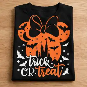 minnie trick or treat bow head silhouette design for halloween shirts minnie trick or treat png design printed on a plain product mockup