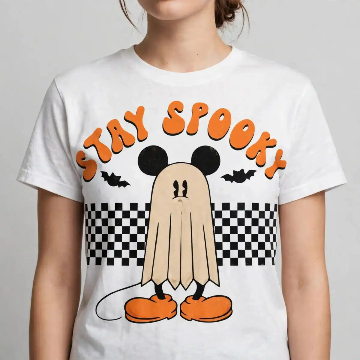 stay spooky mickey ghost png design printed on a plain product mockup