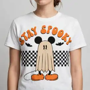 stay spooky mickey ghost png design printed on a plain product mockup