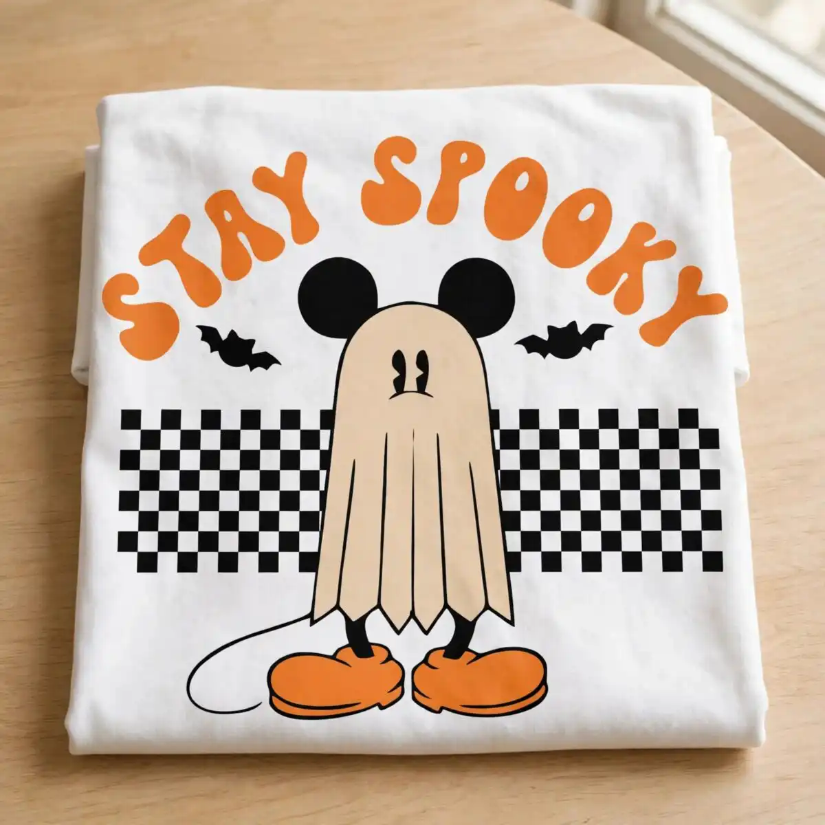 stay spooky mickey ghost png design printed on a plain product mockup