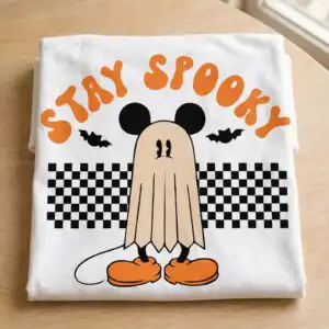 stay spooky mickey ghost png design printed on a plain product mockup