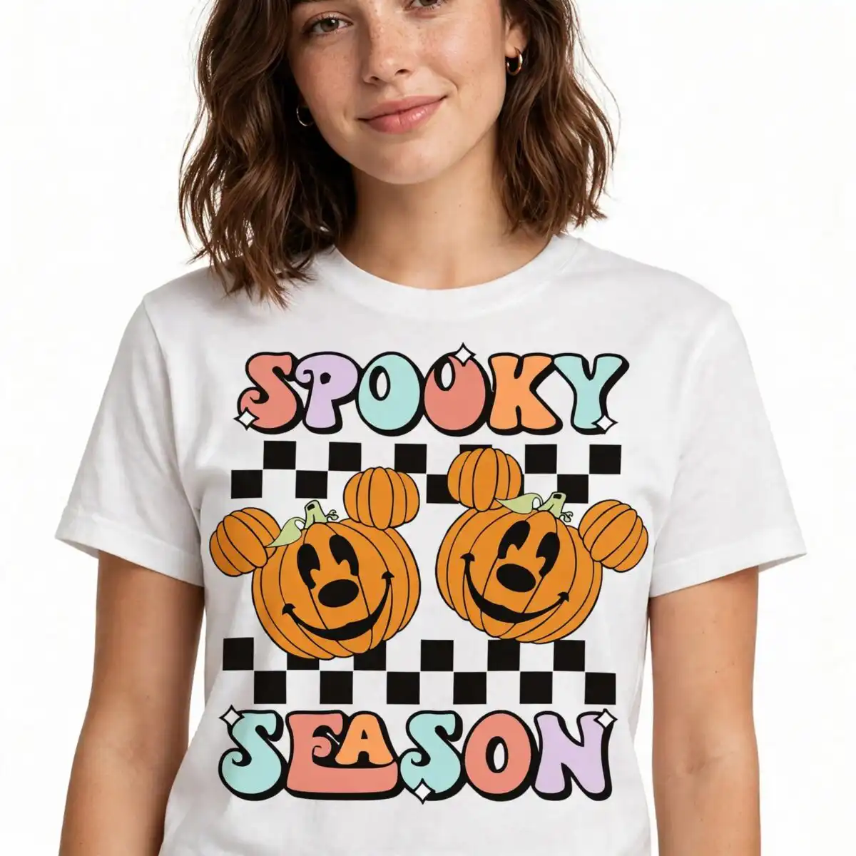 disney mouse spooky season pumpkins design with retro lettering for shirts disney mouse spooky season png design printed on a plain product mockup