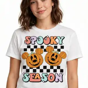 disney mouse spooky season pumpkins design with retro lettering for shirts disney mouse spooky season png design printed on a plain product mockup