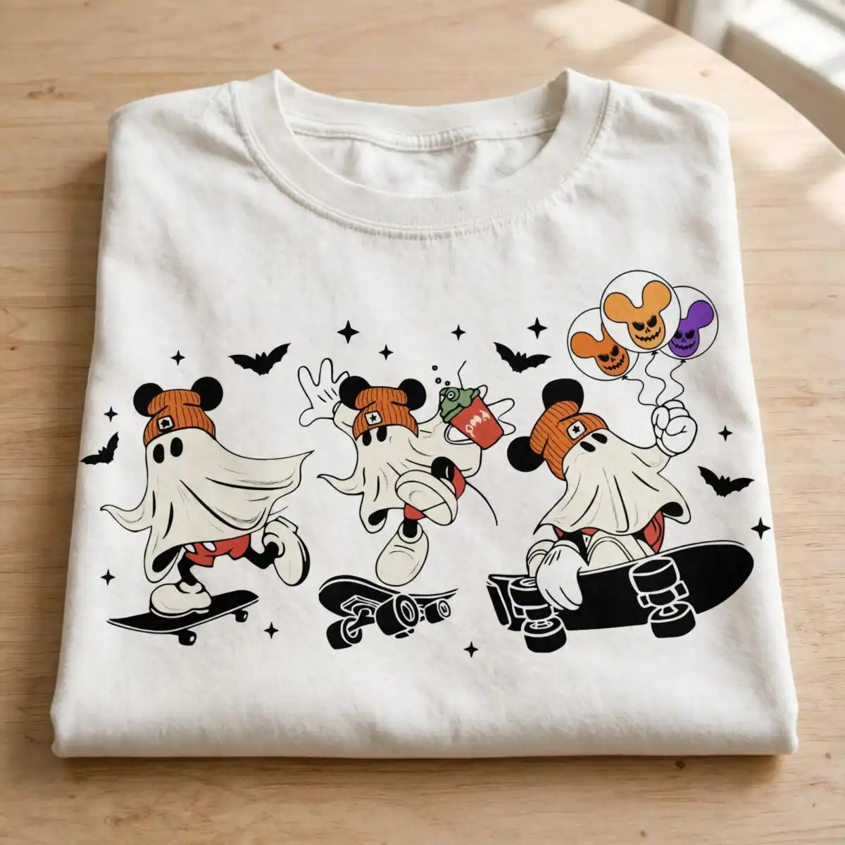 mouse ghost skateboarding halloween art with three ghosts bats and balloons mouse ghost skateboarding halloween png design printed on a plain product mockup