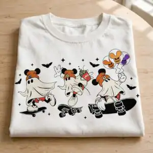 mouse ghost skateboarding halloween art with three ghosts bats and balloons mouse ghost skateboarding halloween png design printed on a plain product mockup
