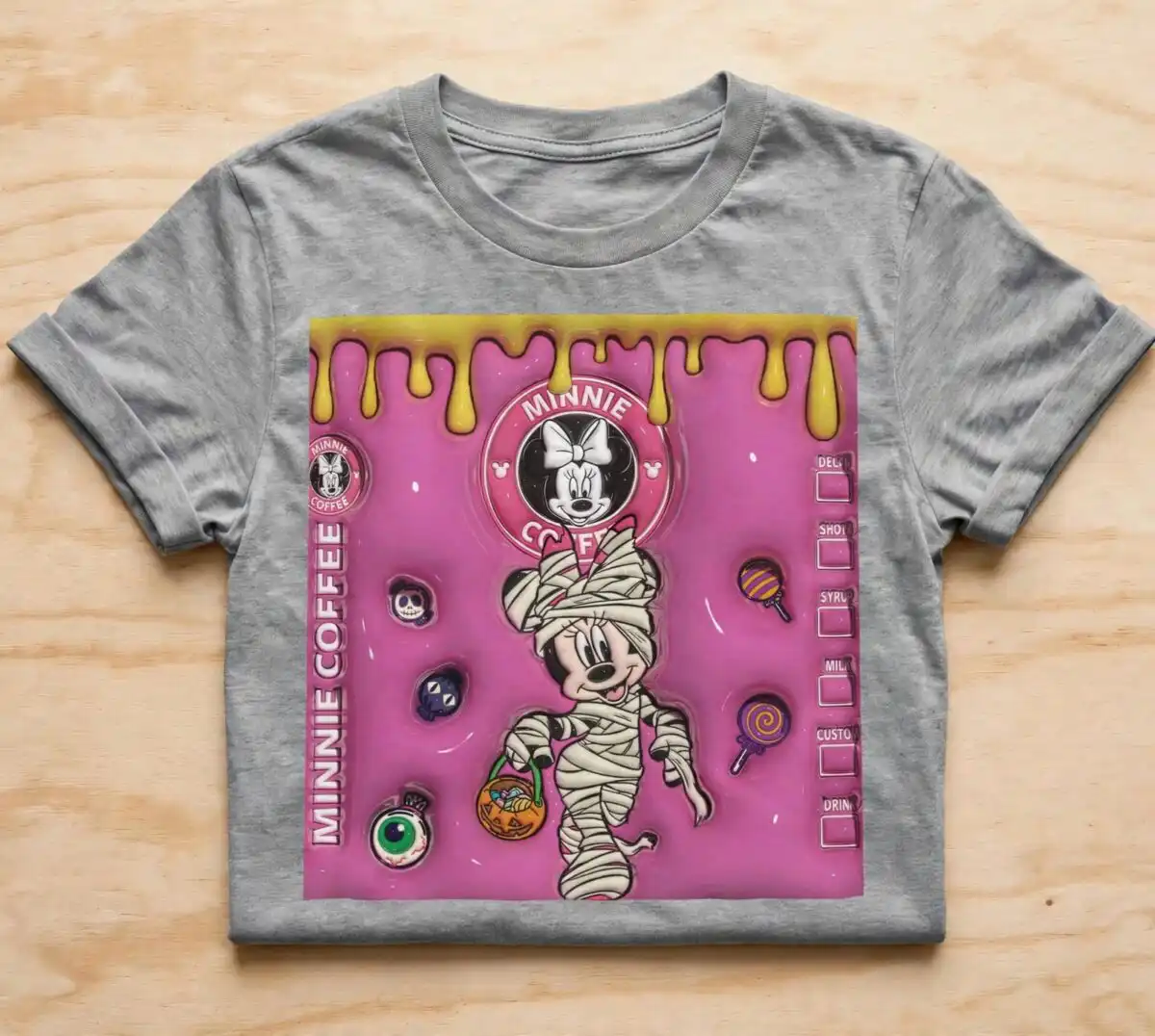 halloween mummy wrapped cartoon mouse tumbler wrap with minnie coffee halloween mummy wrapped cartoon mouse png design printed on a plain product mockup