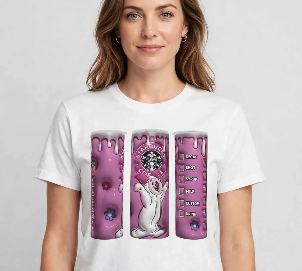 pink 3d puffy inflated halloween ghost tumbler wrap with starbucks coffee pink 3d puffy inflated png design printed on a plain product mockup