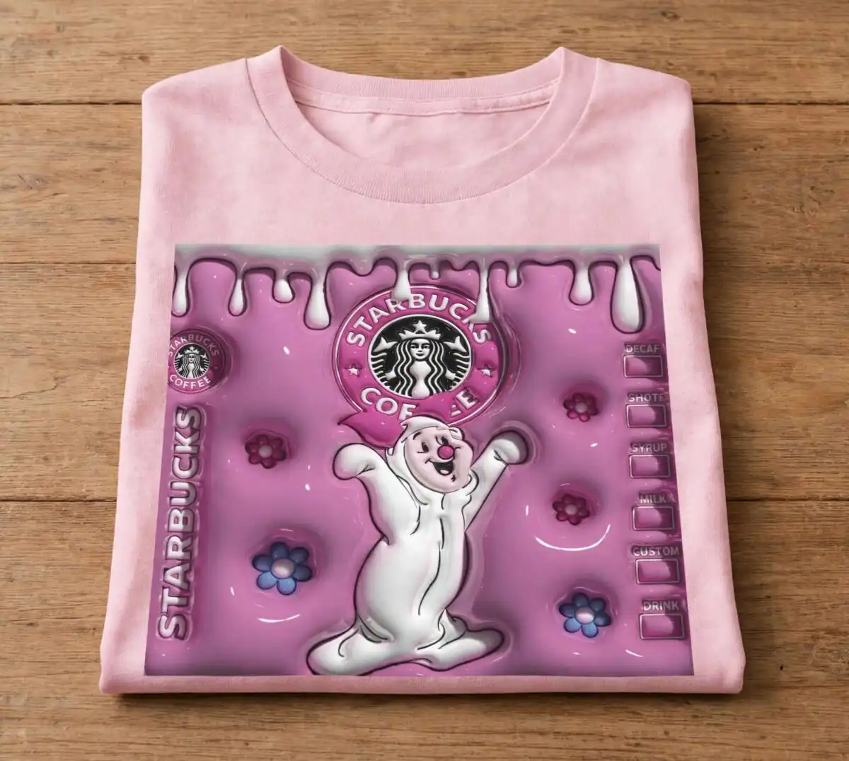 pink 3d puffy inflated halloween ghost tumbler wrap with starbucks coffee pink 3d puffy inflated png design printed on a plain product mockup