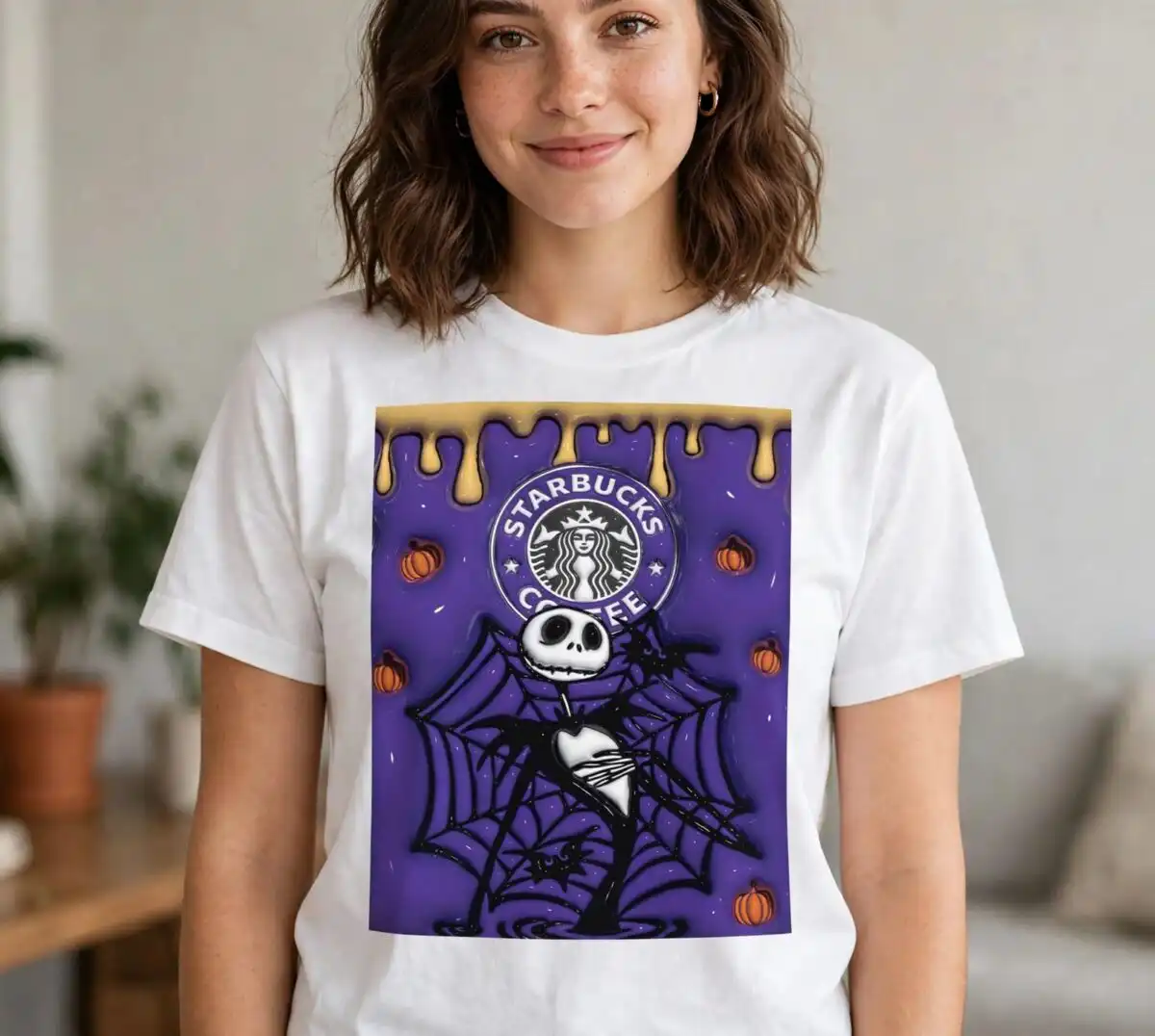 halloween themed purple tumbler wrap with skeleton, pumpkins and cafe logo halloween themed purple tumbler png design printed on a plain product mockup