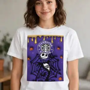 halloween themed purple tumbler wrap with skeleton, pumpkins and cafe logo halloween themed purple tumbler png design printed on a plain product mockup