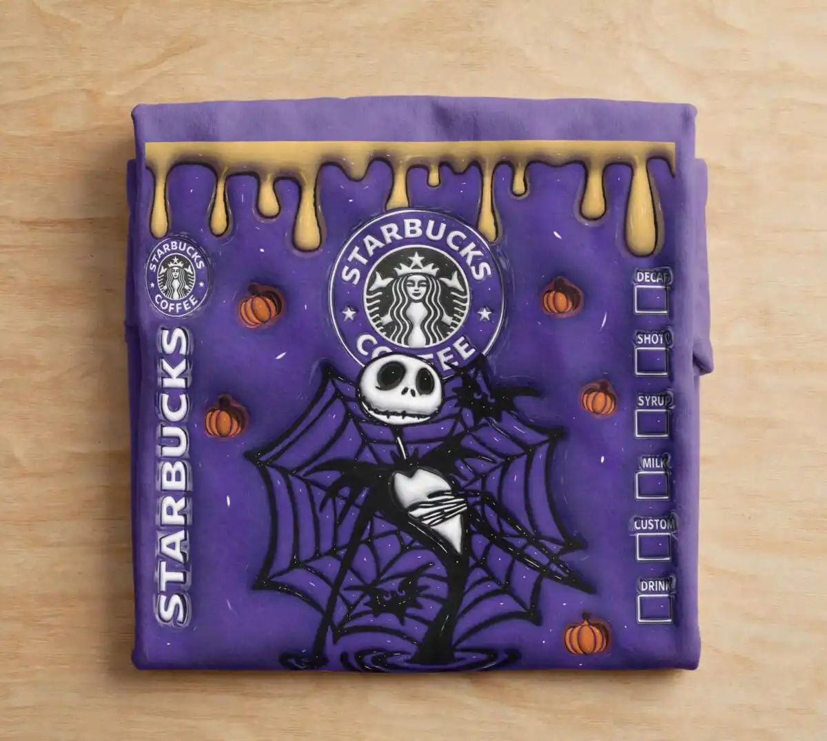 halloween themed purple tumbler wrap with skeleton, pumpkins and cafe logo halloween themed purple tumbler png design printed on a plain product mockup