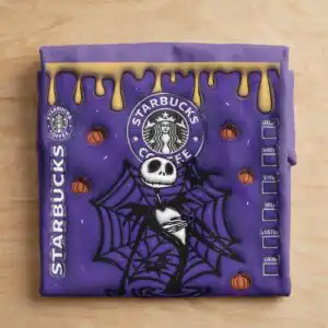halloween themed purple tumbler wrap with skeleton, pumpkins and cafe logo halloween themed purple tumbler png design printed on a plain product mockup