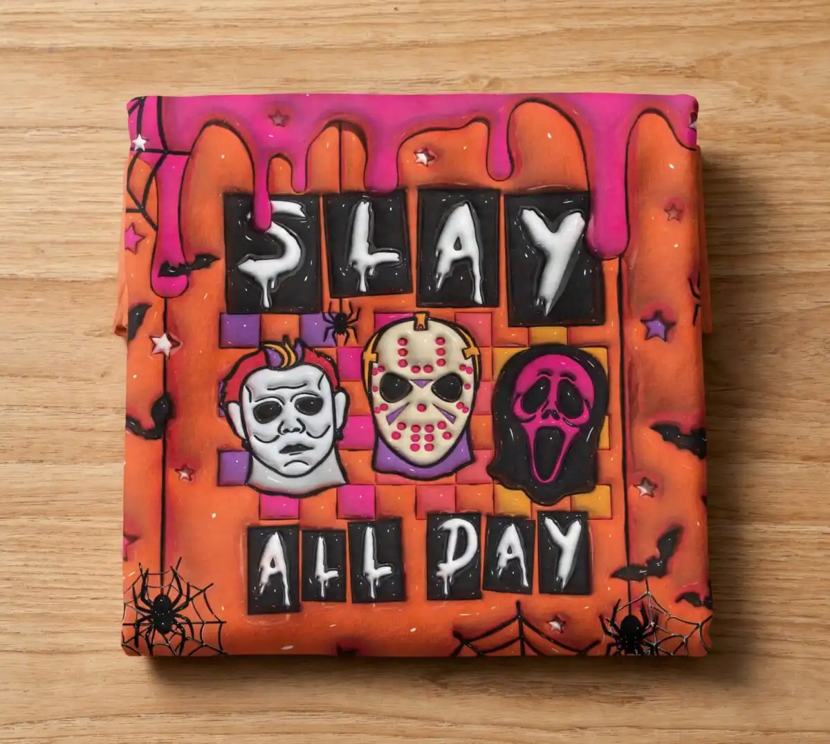 3d inflated puff slay all day horror movie halloween tumbler wrap design 3d inflated puff slay png design printed on a plain product mockup