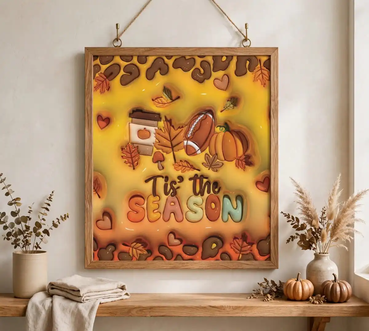 cozy 3d inflated fall season png with pumpkins for tumbler wraps fall season png design printed on a plain product mockup