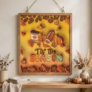 cozy 3d inflated fall season png with pumpkins for tumbler wraps fall season png design printed on a plain product mockup
