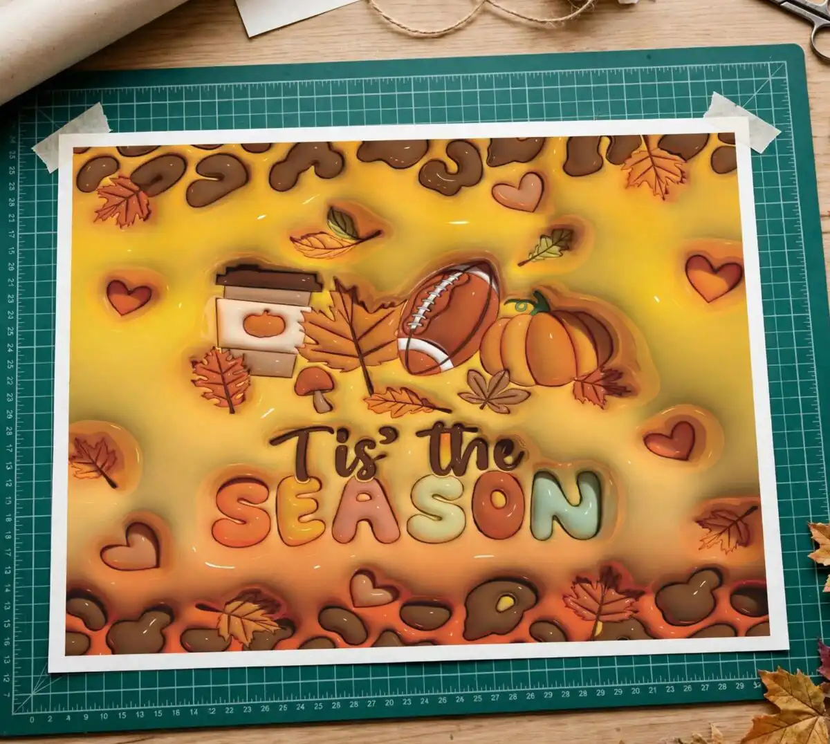 cozy 3d inflated fall season png with pumpkins for tumbler wraps fall season png design printed on a plain product mockup