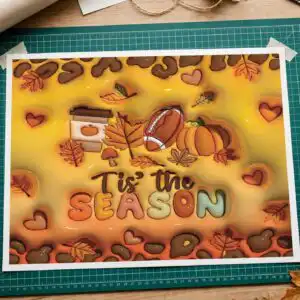 cozy 3d inflated fall season png with pumpkins for tumbler wraps fall season png design printed on a plain product mockup